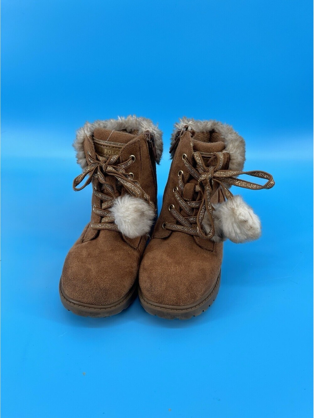 U.S. Polo Assn Girls Winter Boots Brown Faux Fur Lace Up Size 10C Toddler